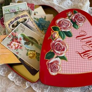 20 Antique Post Cards in Vintage Valentines Chocolate Tin